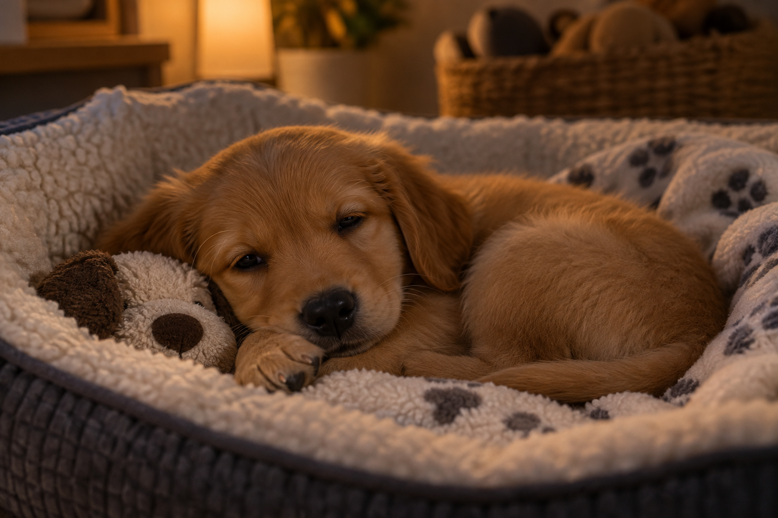 A sleepy young puppy curled up in a cozy dog bed.