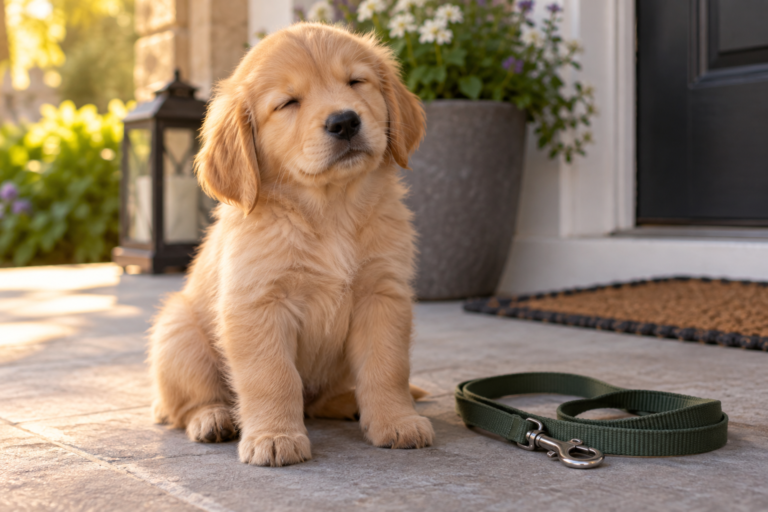 A sleepy puppy sits beside a leash, ready to go outside.
