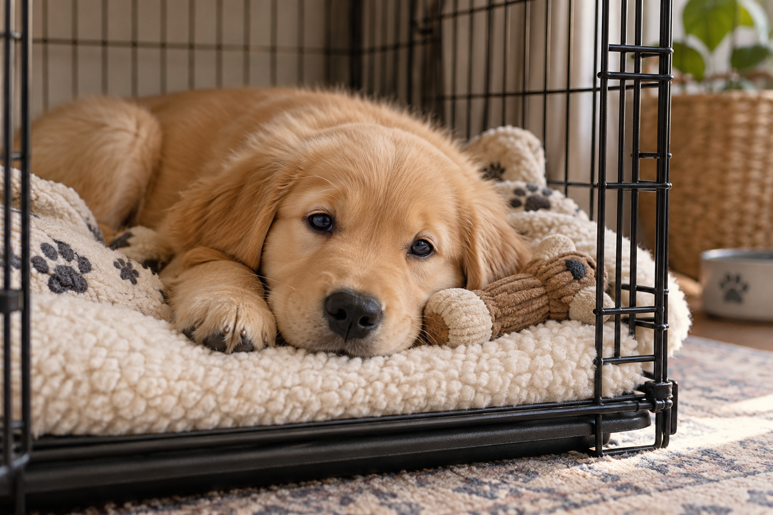 A sleepy puppy rests in an open crate beside a safe chew.