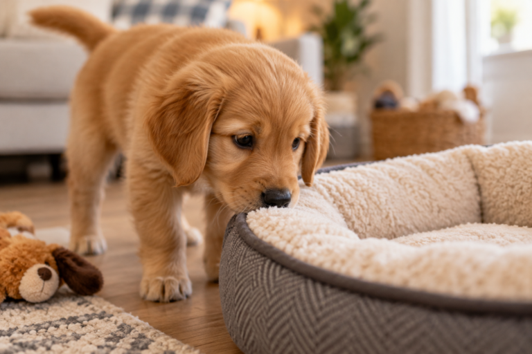 A young puppy sniffing a soft dog bed.