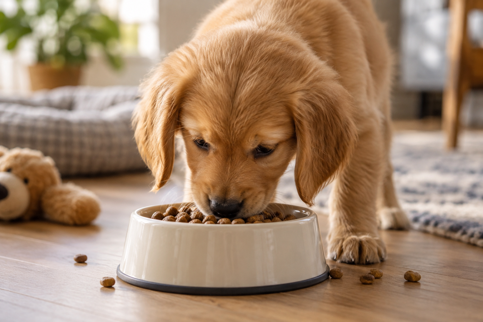 A young puppy eats kibble from a bowl.