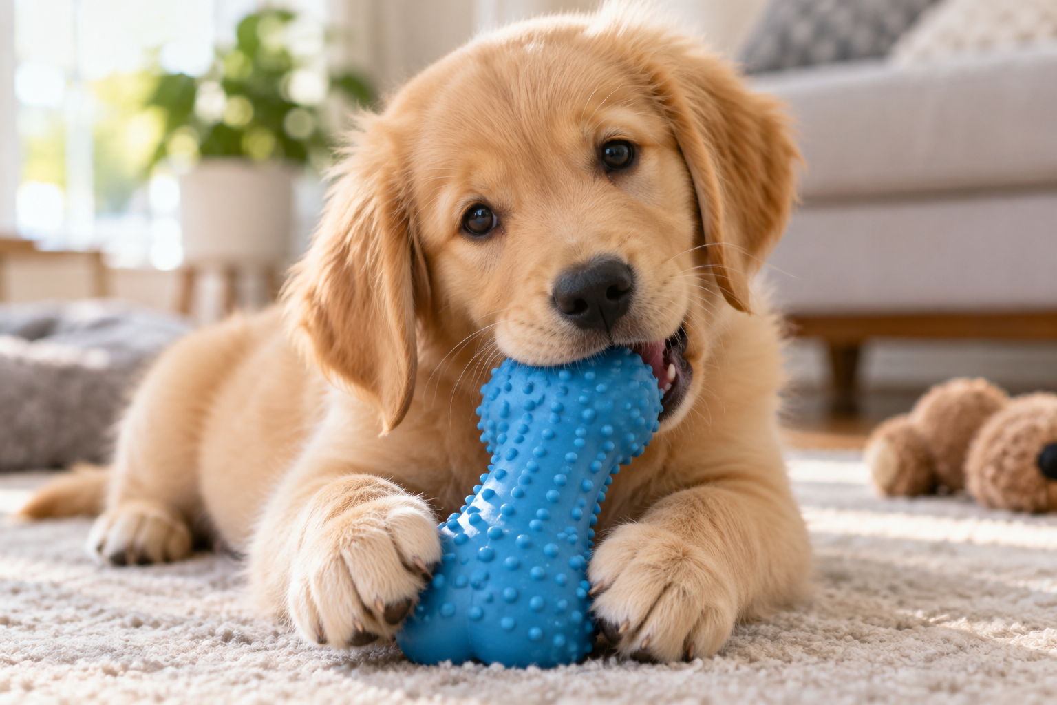 A puppy gently chews a rubber chew toy held between its paws.