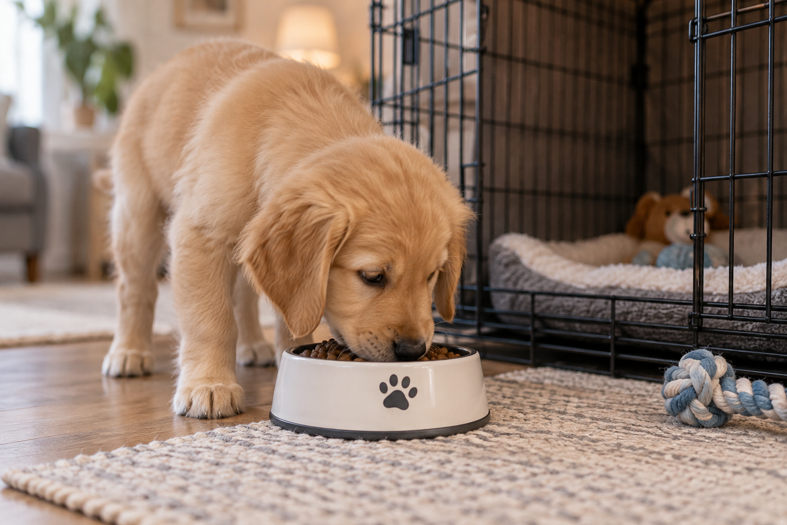 A puppy eats from a bowl beside an open crate.