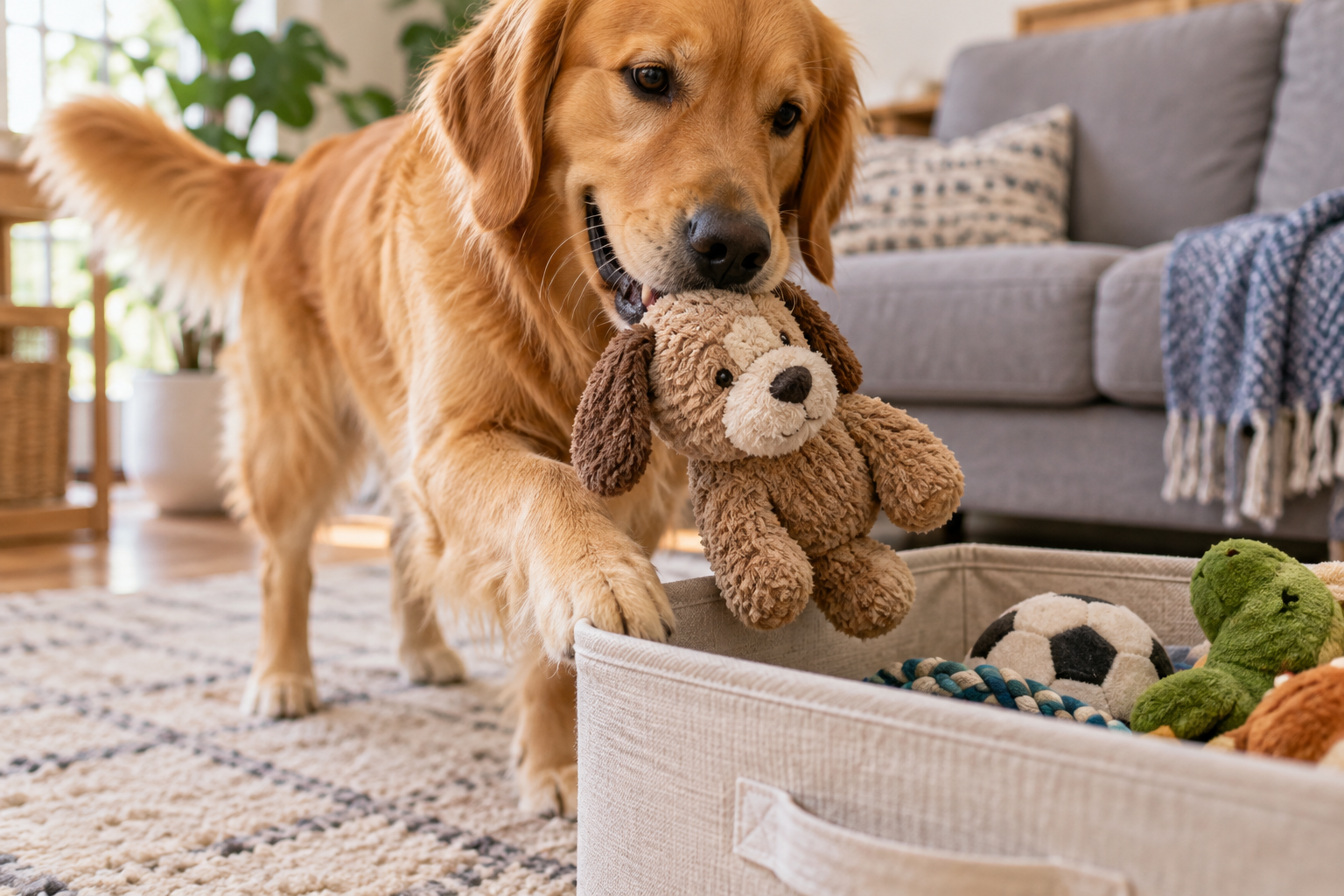 A dog puts a plush toy into a low toy storage bin.