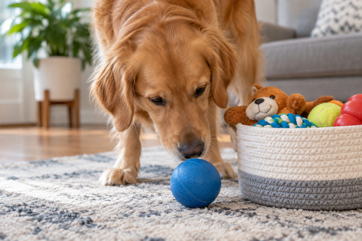 A dog sniffs a rubber ball next to a small toy basket.