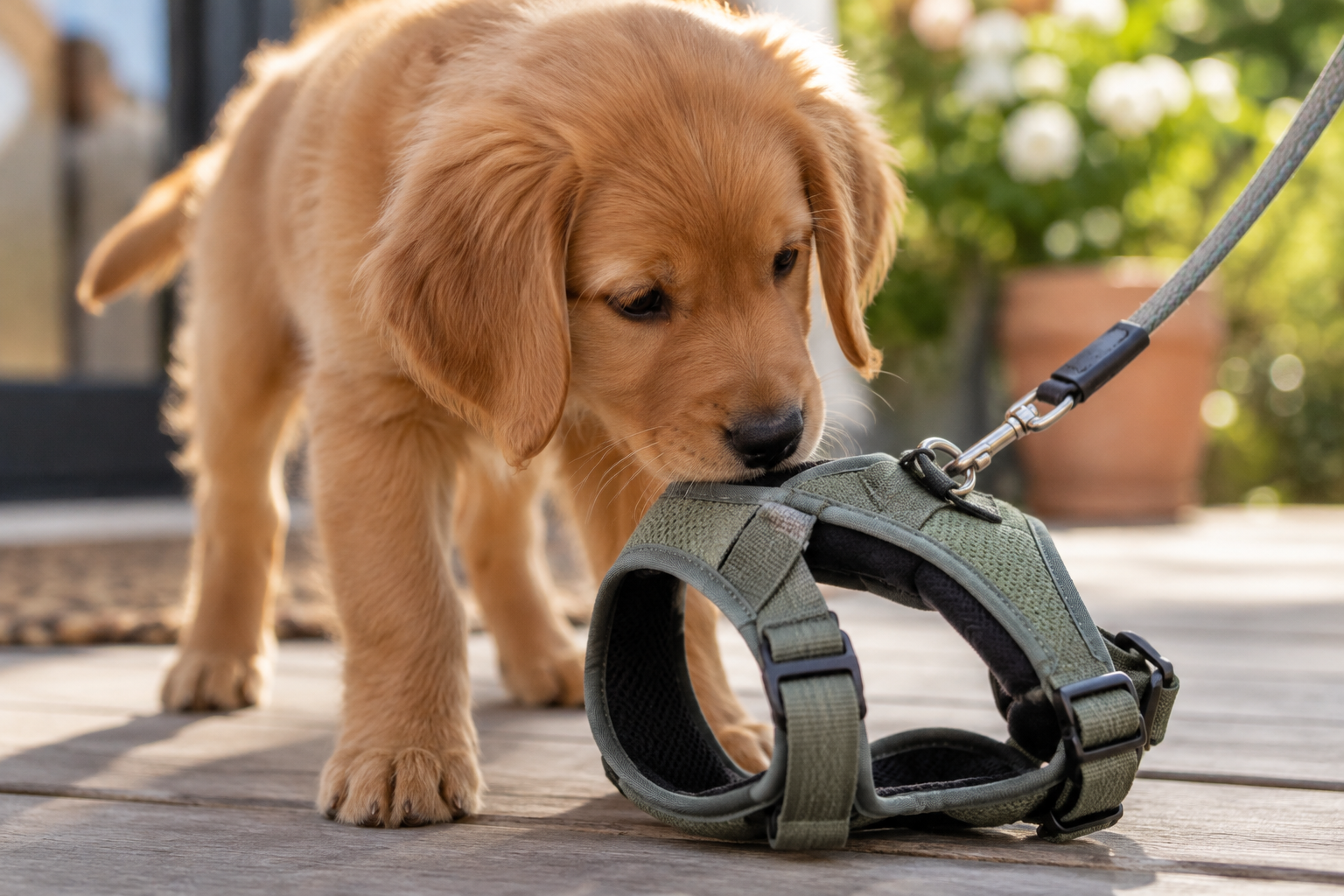 A puppy sniffs a harness with a leash attached.