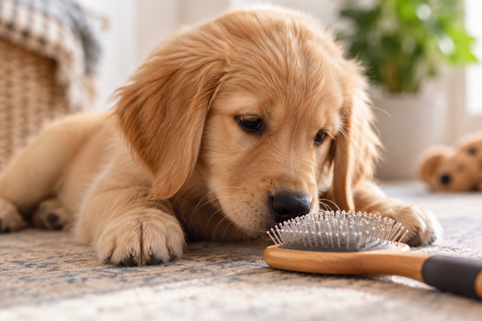 A relaxed puppy sniffs a soft grooming brush on the floor.
