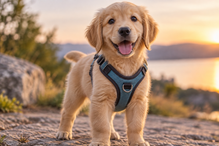 A puppy standing calmly while wearing a fitted Y-shaped harness.