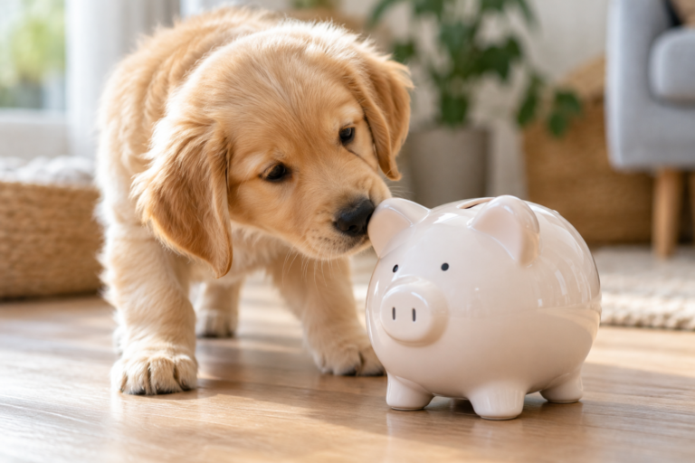 A fluffy puppy noses a plain ceramic piggy bank.