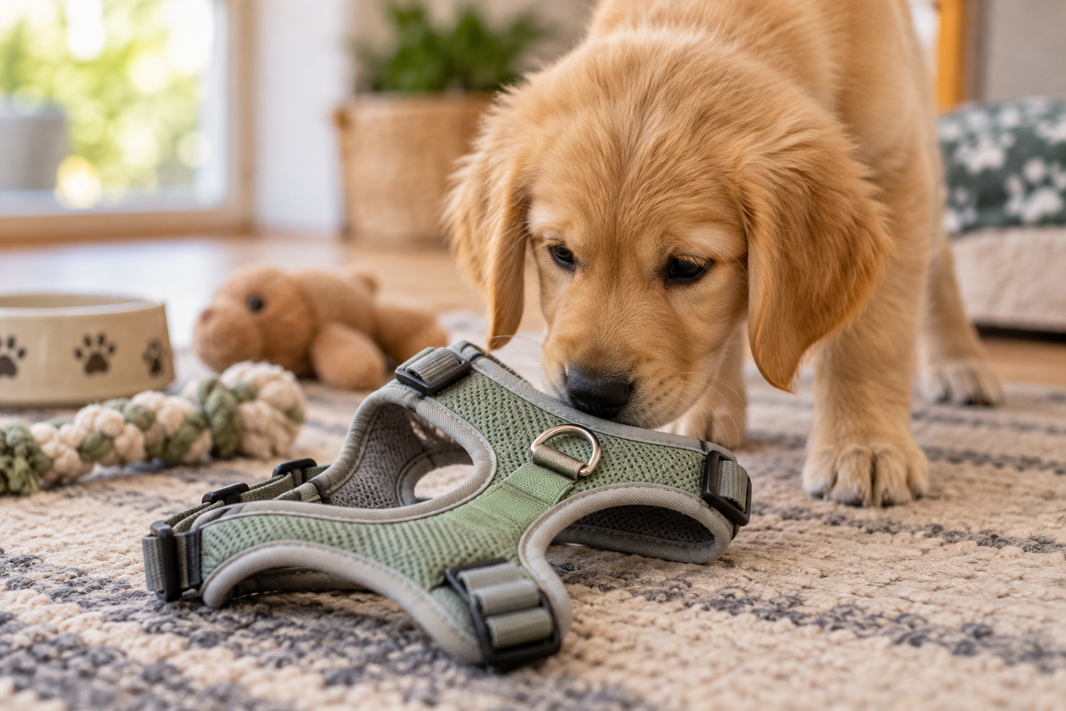 A puppy sniffs a soft harness on the floor.