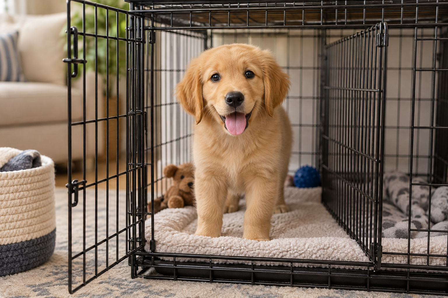 A puppy stands comfortably inside an open wire crate with a divider.