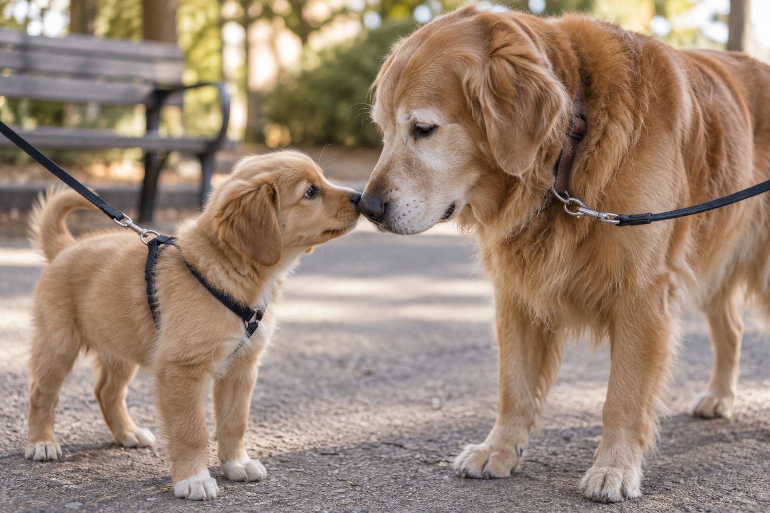 A puppy and older dog calmly sniff noses while on loose leashes.