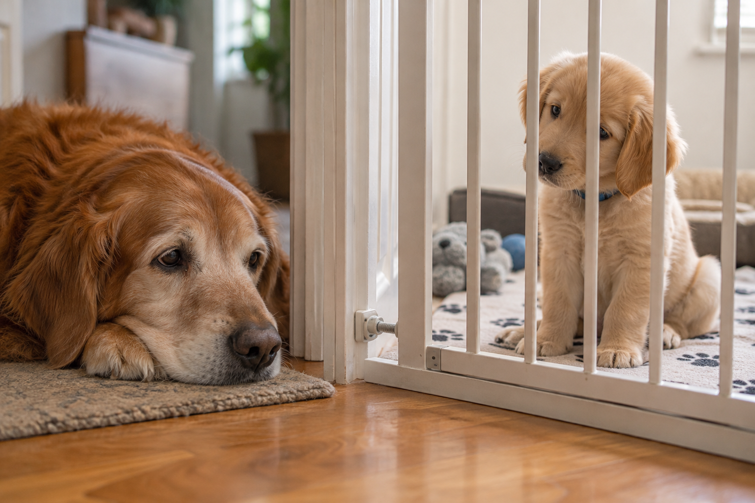 Older dog and puppy calmly separated by a baby gate.