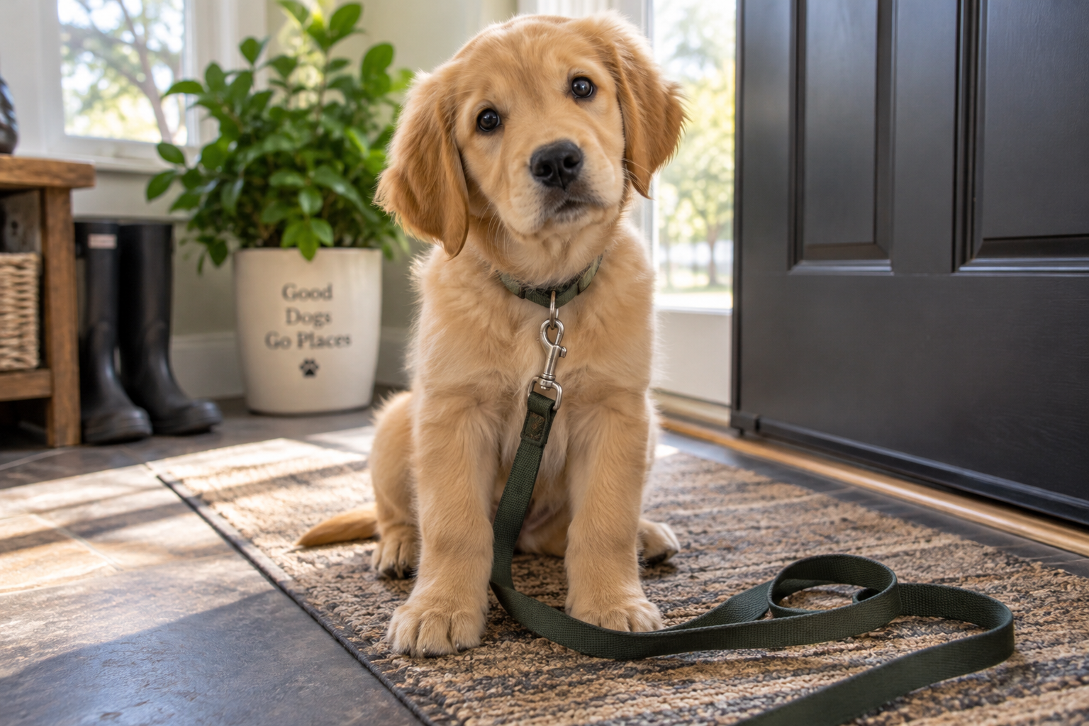 A puppy sits by a door next to a loose leash.