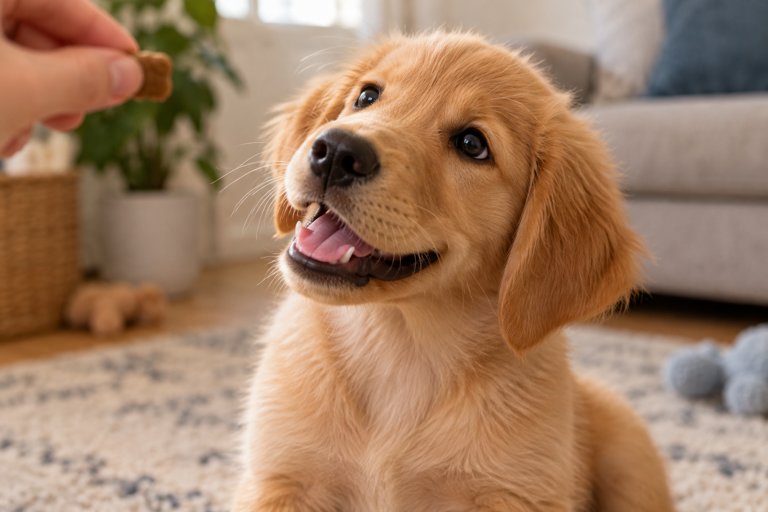 A puppy looks attentively toward a small treat during training.