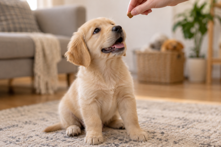 A puppy sits while looking up at a small treat.
