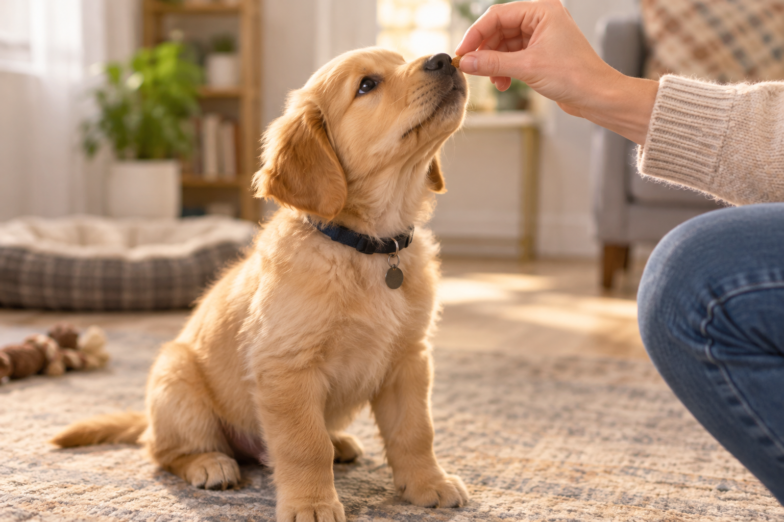 A puppy follows a small treat held above its nose during training.