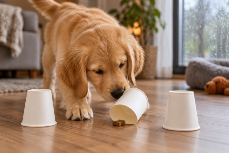A puppy sniffs a cup during an indoor treat search game.