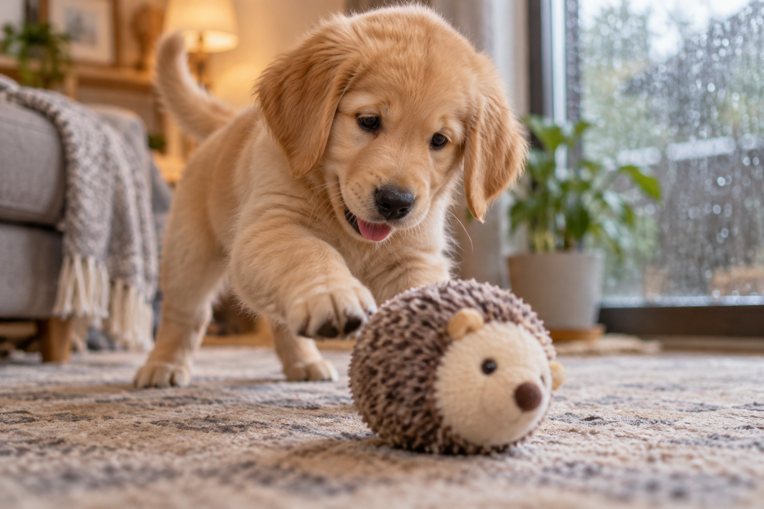 A puppy nudges a soft toy rolling along the floor.