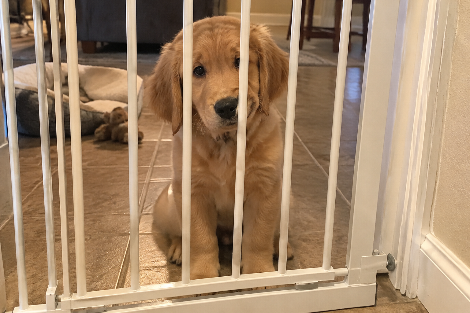 Illustration of a calm puppy behind a baby gate.