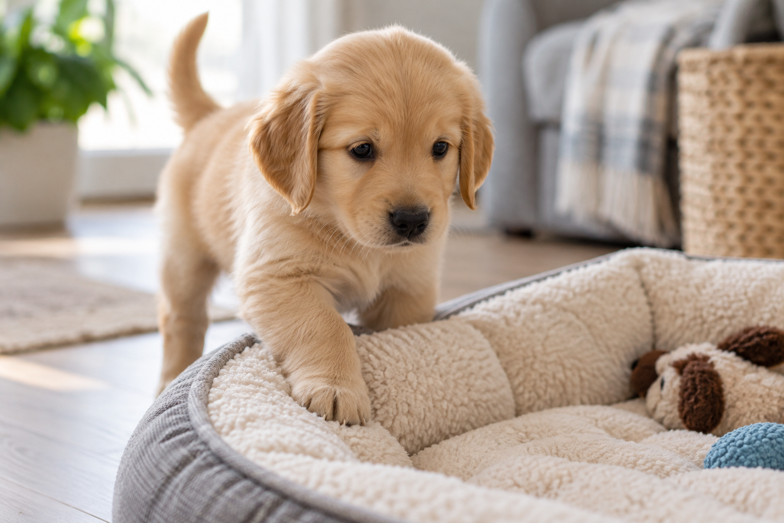 A small puppy steps onto a soft dog bed.