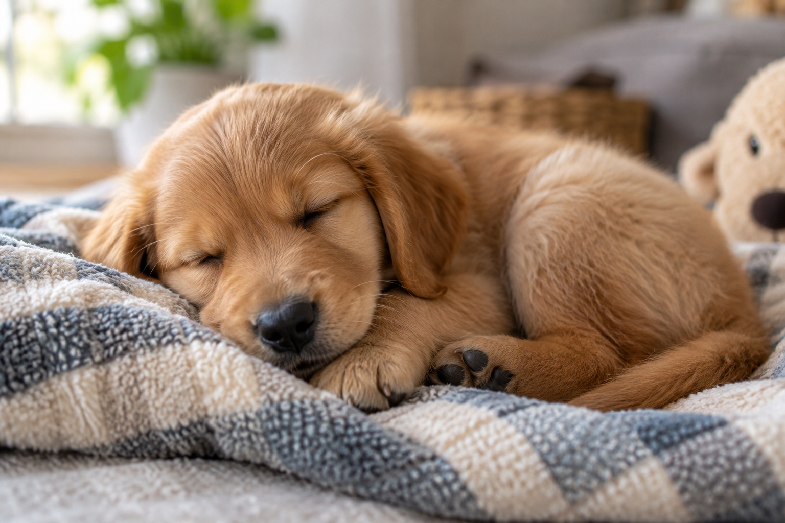 A sleepy puppy curled on a folded blanket.