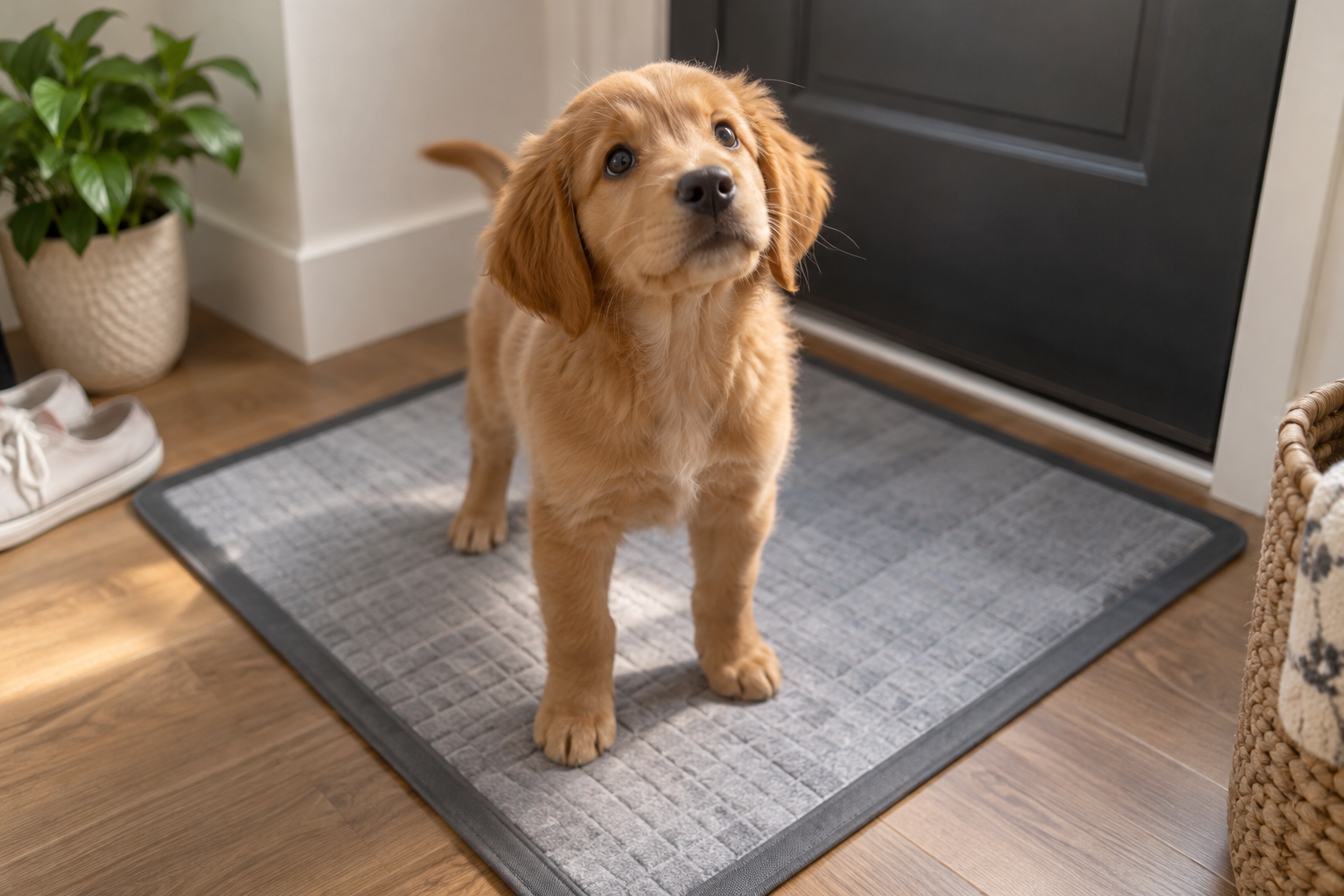 A puppy stands on an indoor potty mat near an apartment door.