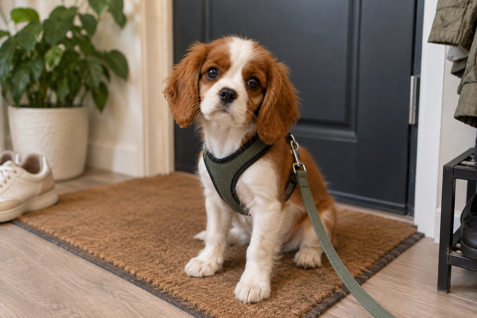 A puppy wearing a harness and lead waits by an apartment door.