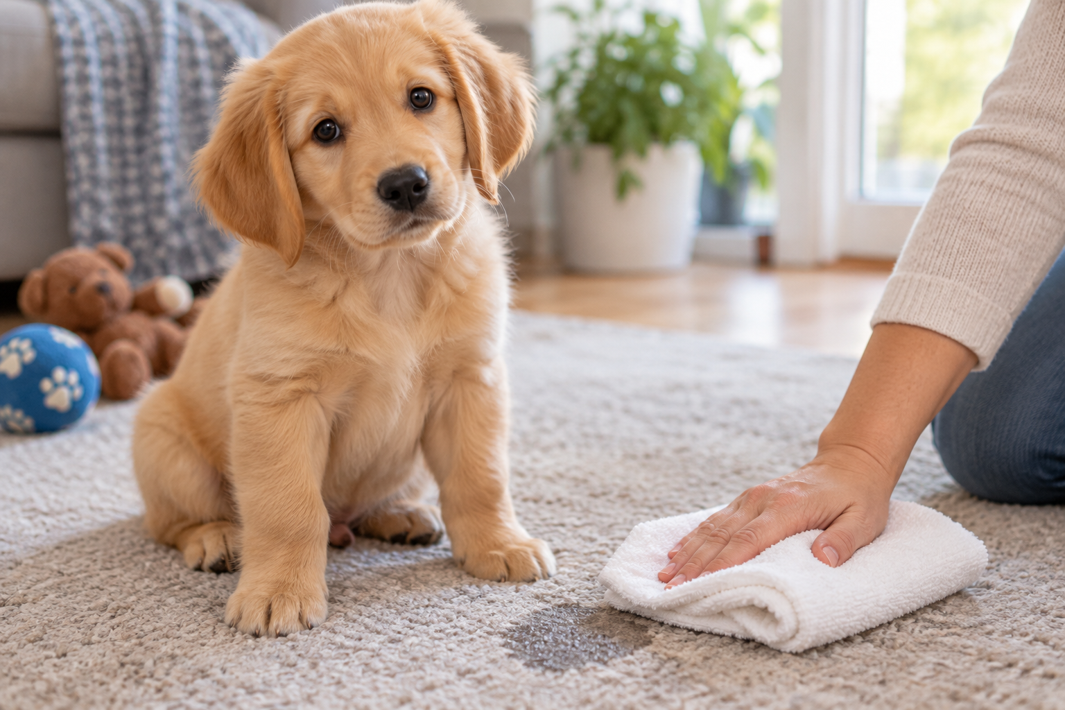 A puppy sits beside a folded towel blotting a damp spot on carpet.