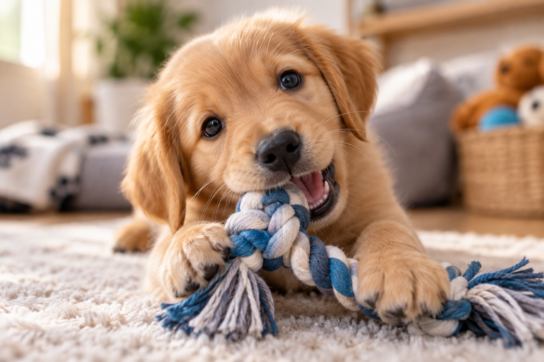 A puppy gently chews a rope toy.