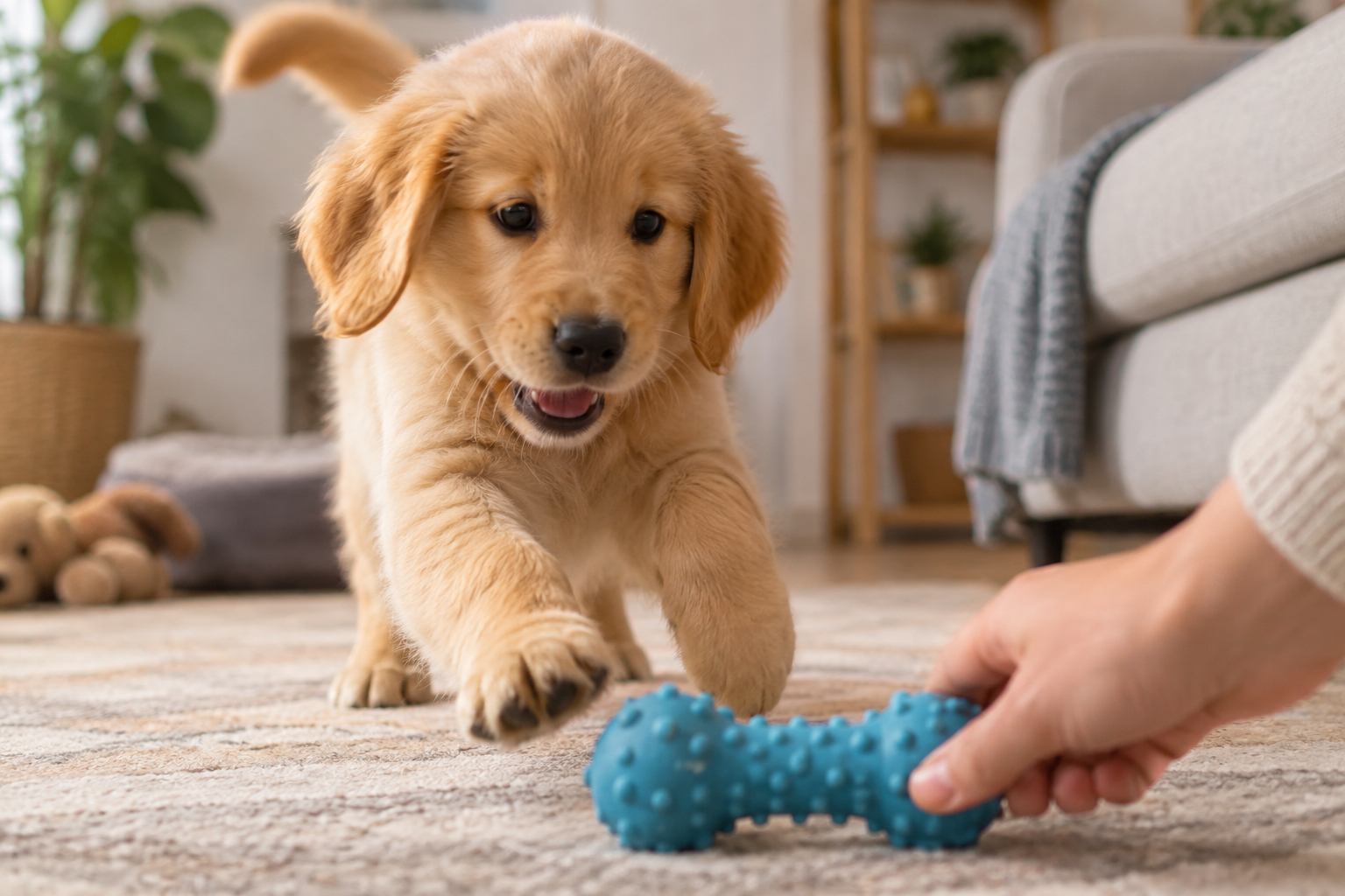 A puppy reaches toward a chew toy on the floor with its mouth open.
