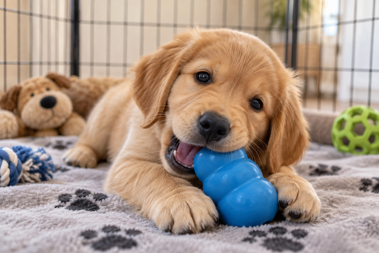 A puppy chewing a rubber toy inside a playpen.