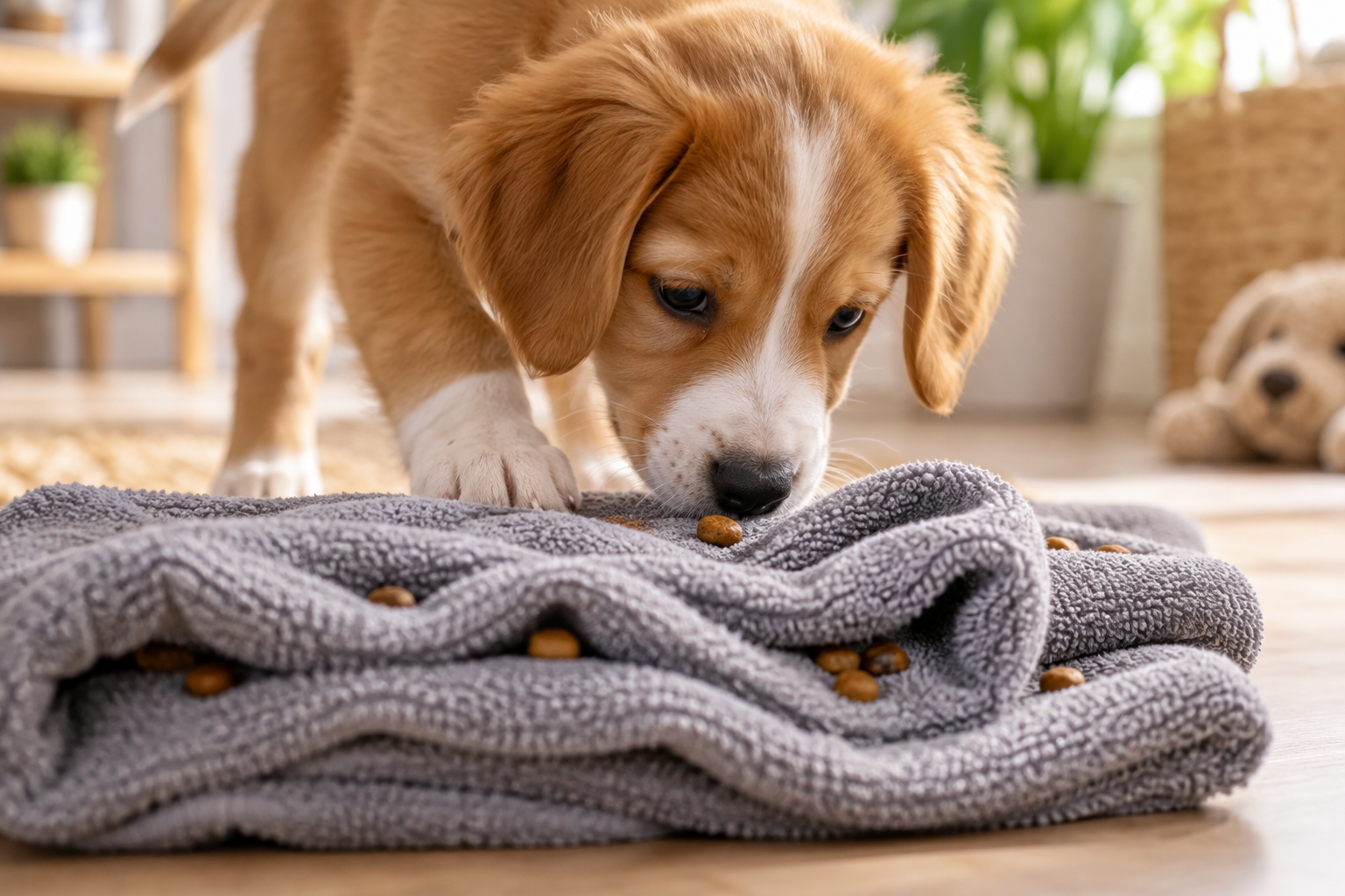 A puppy sniffs kibble pieces scattered on a folded towel.