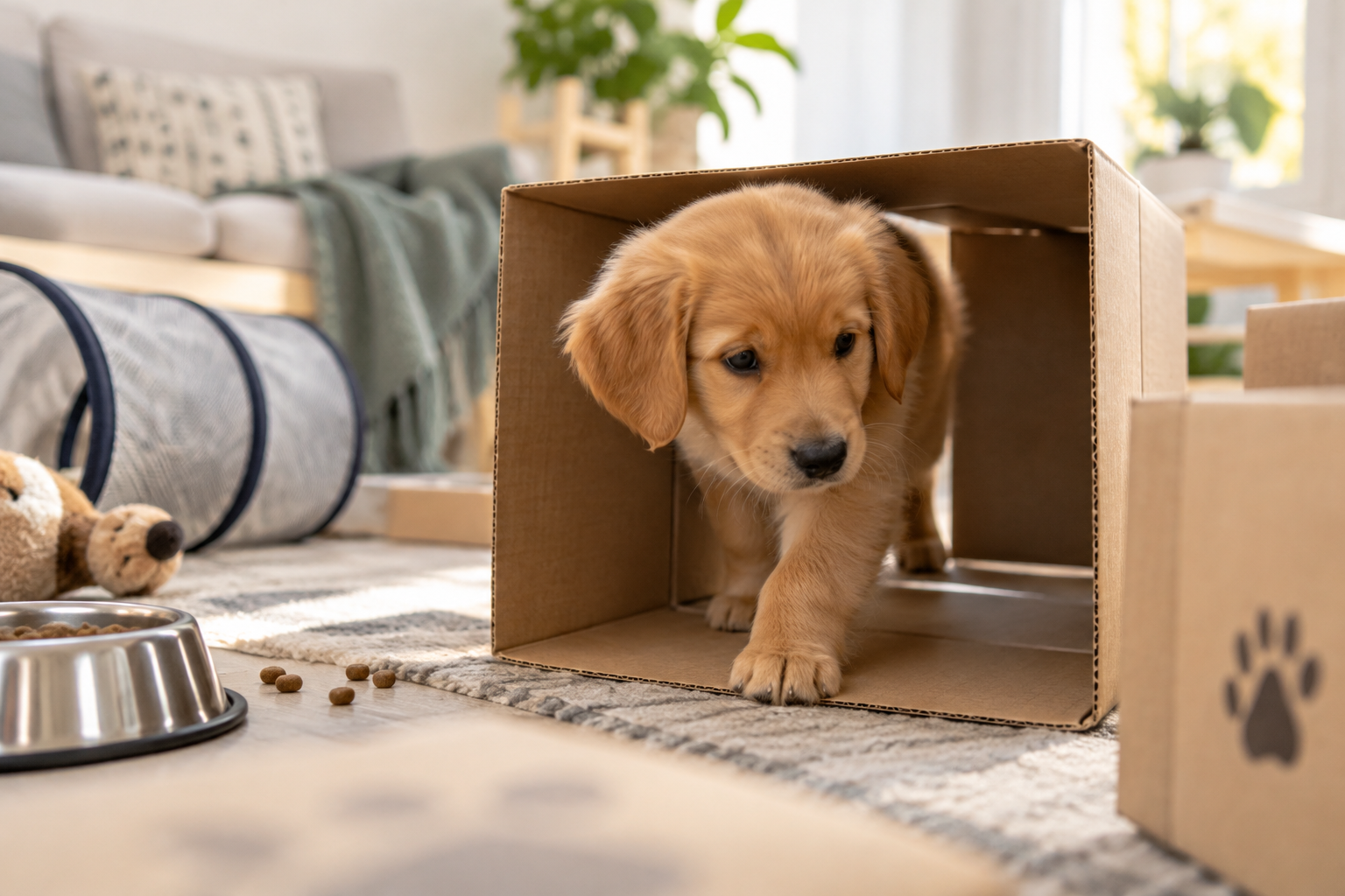 A puppy explores an open cardboard box with kibble nearby.