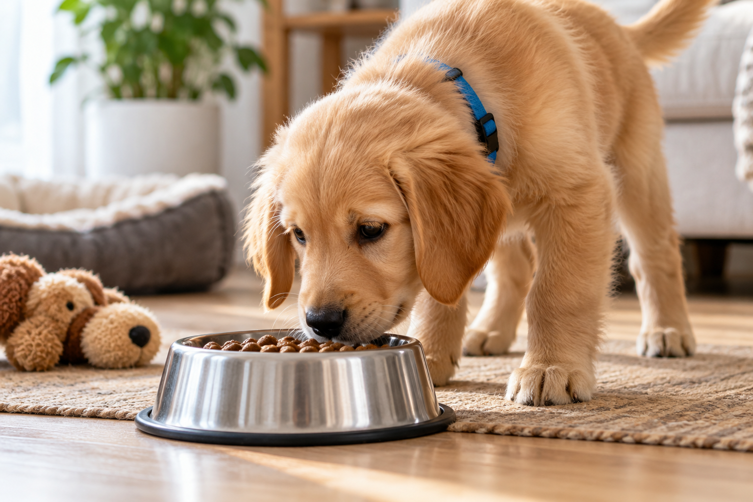 A puppy wearing a collar sniffs a stainless steel food bowl.