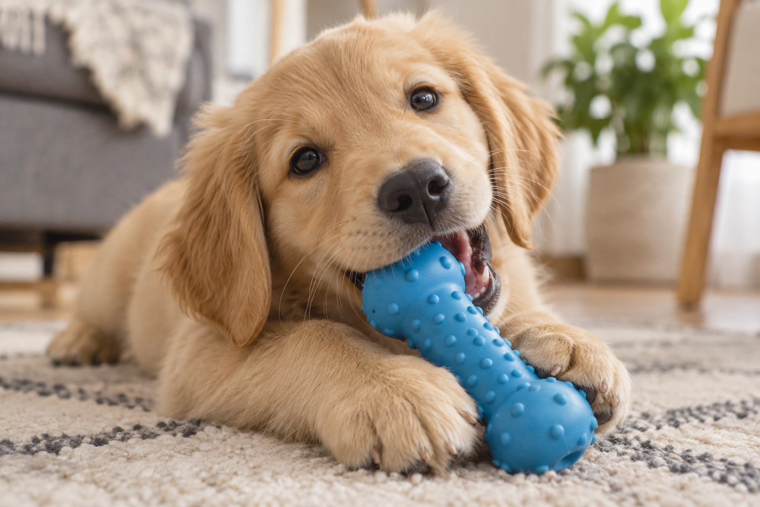 A puppy chewing a durable rubber toy.