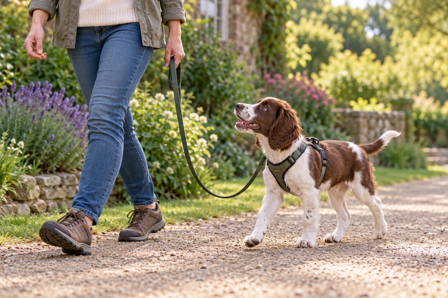 Illustration of a harnessed puppy walking beside a person with a slack leash.