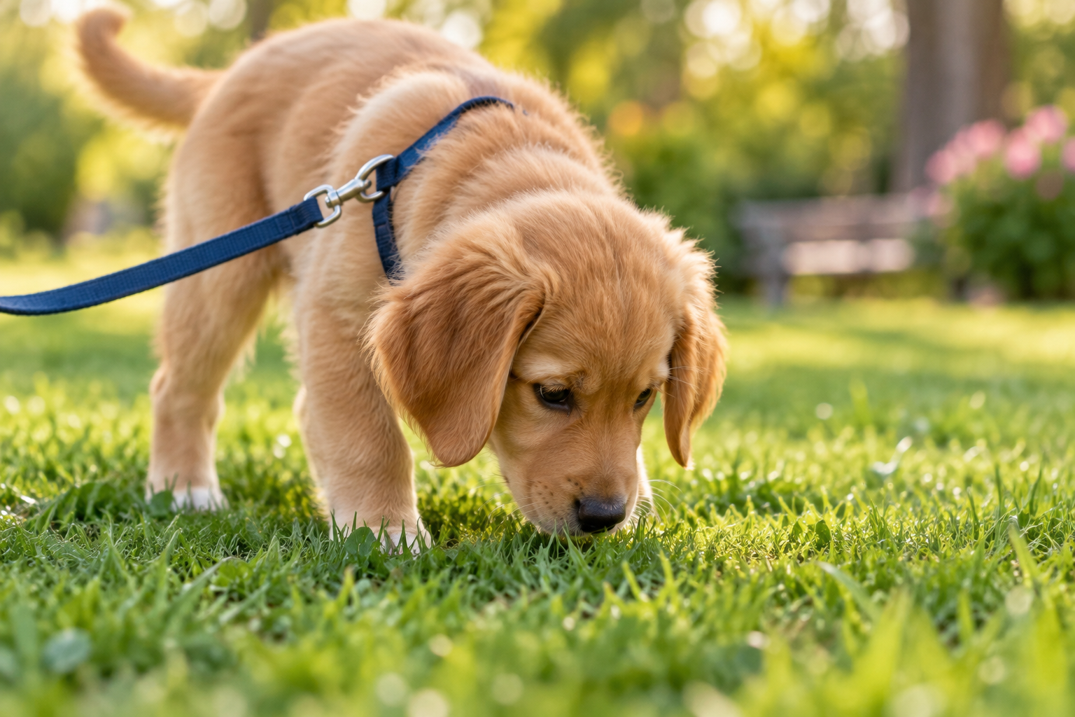 A puppy on a loose leash sniffs a grassy potty spot.