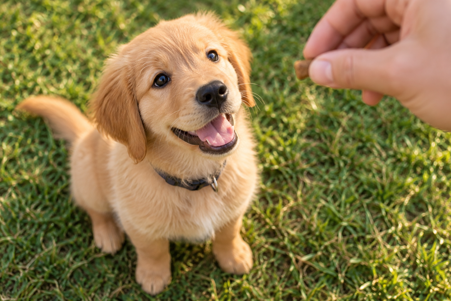 A puppy on grass looks at a small treat after successful potty training.