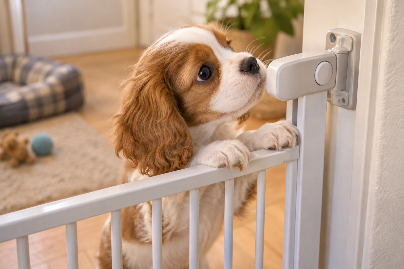 A small puppy sniffs a closed baby gate.
