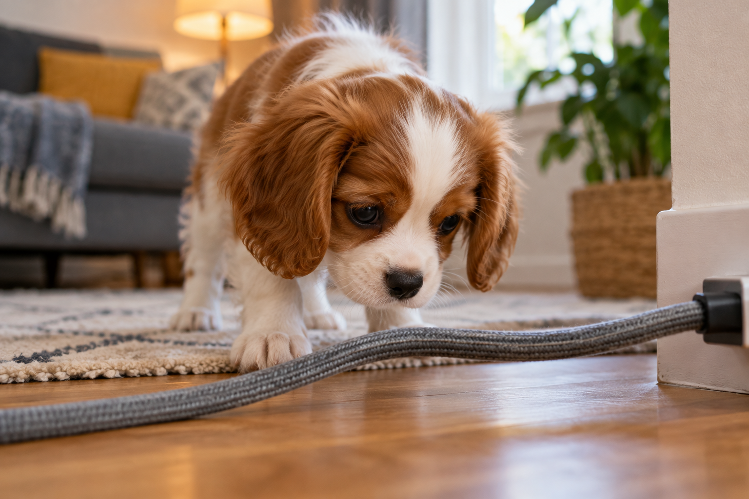A puppy sniffs a covered electrical cord without chewing it.