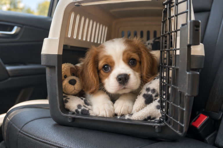 A puppy resting in a secured travel carrier on a car back seat.