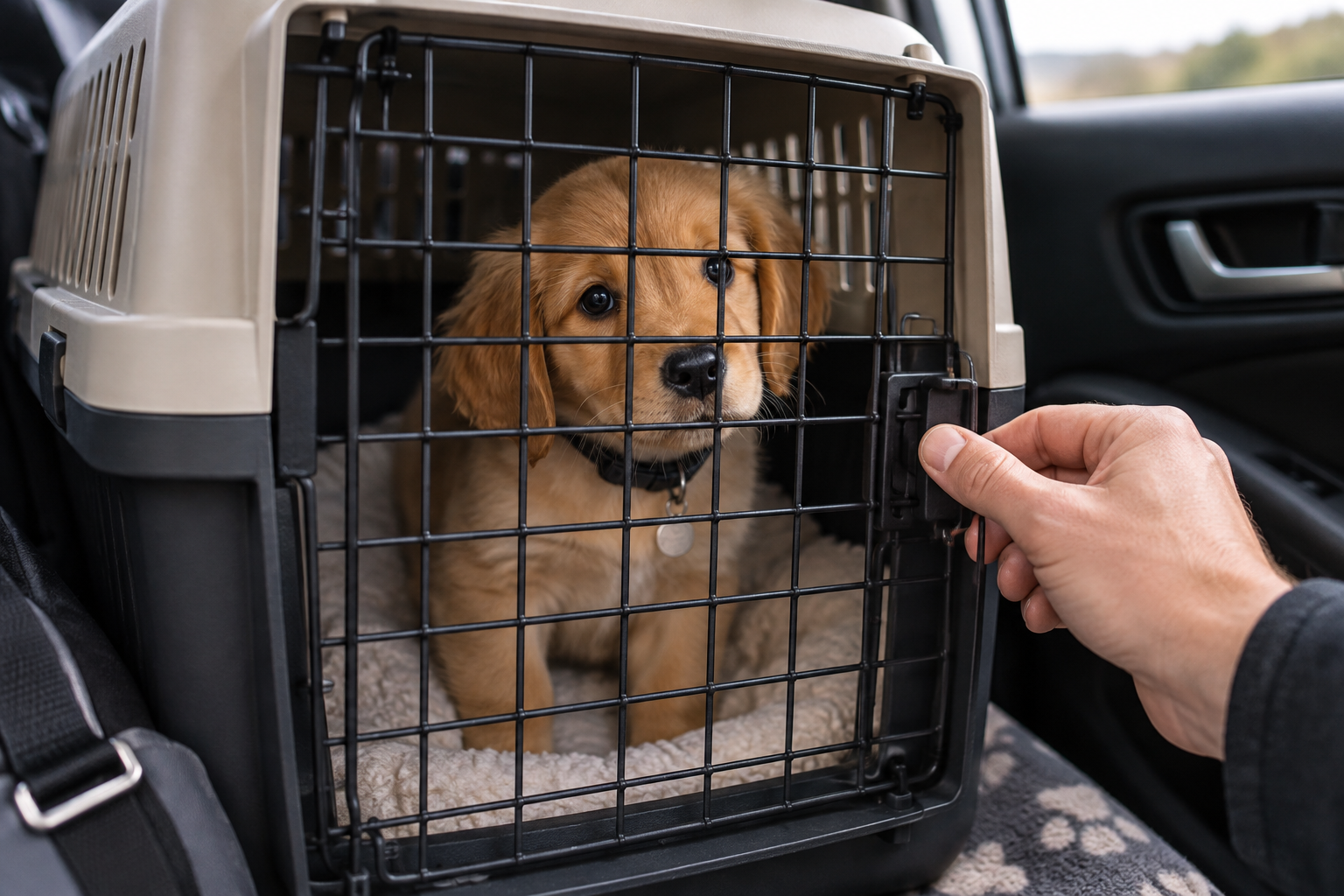 A puppy waits inside a car travel crate as a hand checks the latch.