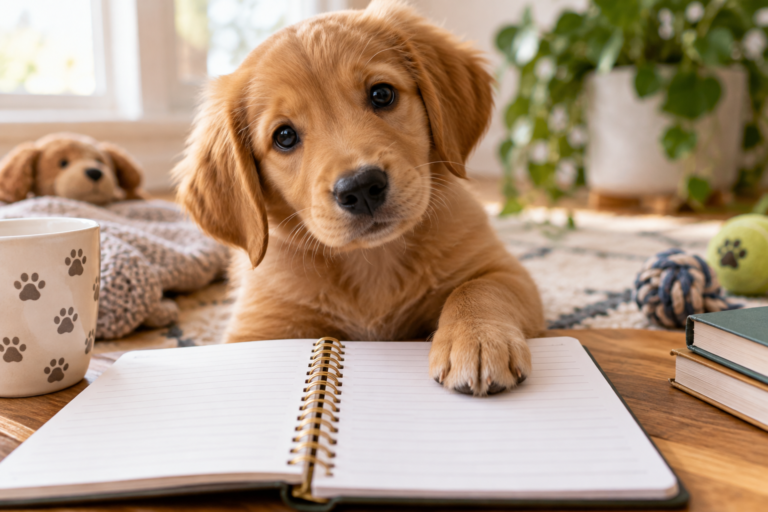 A puppy rests one paw on a blank notebook.