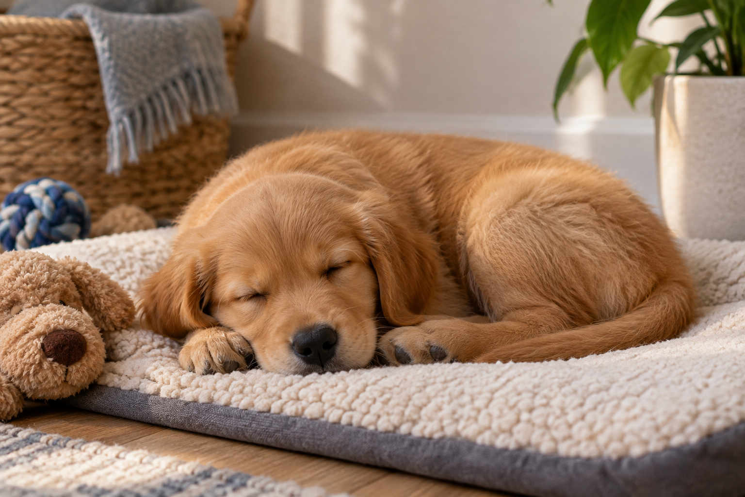 A sleepy puppy curled up on a soft mat in a calm sleep corner.