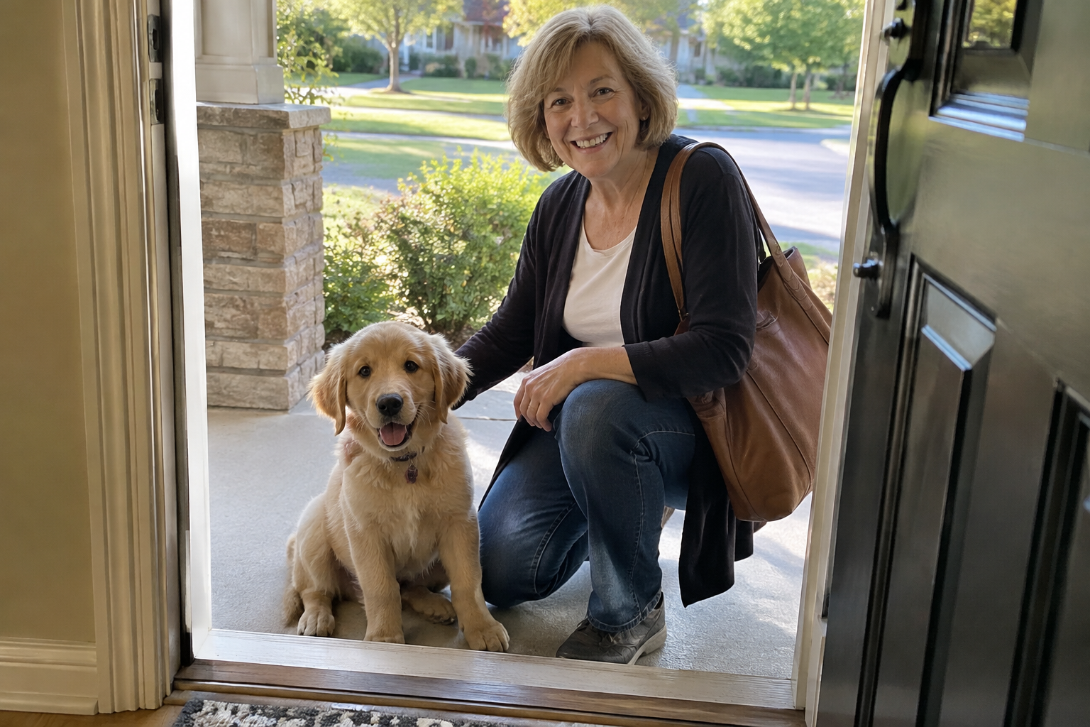 Illustration of a puppy sitting beside a visitor at a front door.
