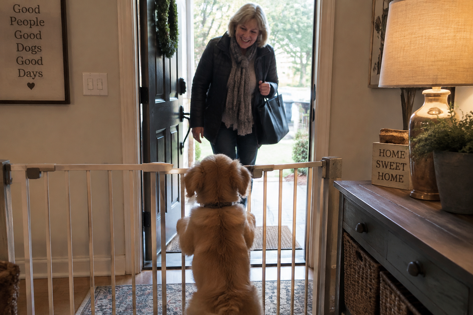 Illustration of a puppy behind a baby gate during a visitor arrival.