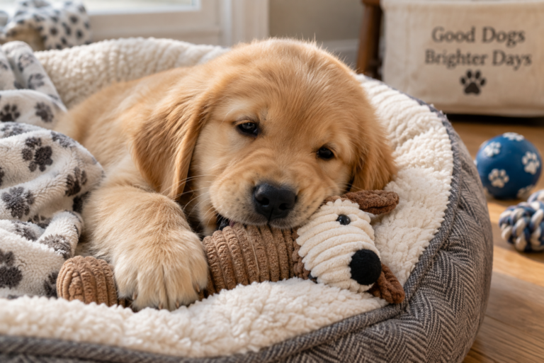 A young puppy rests in a soft bed while chewing a toy.