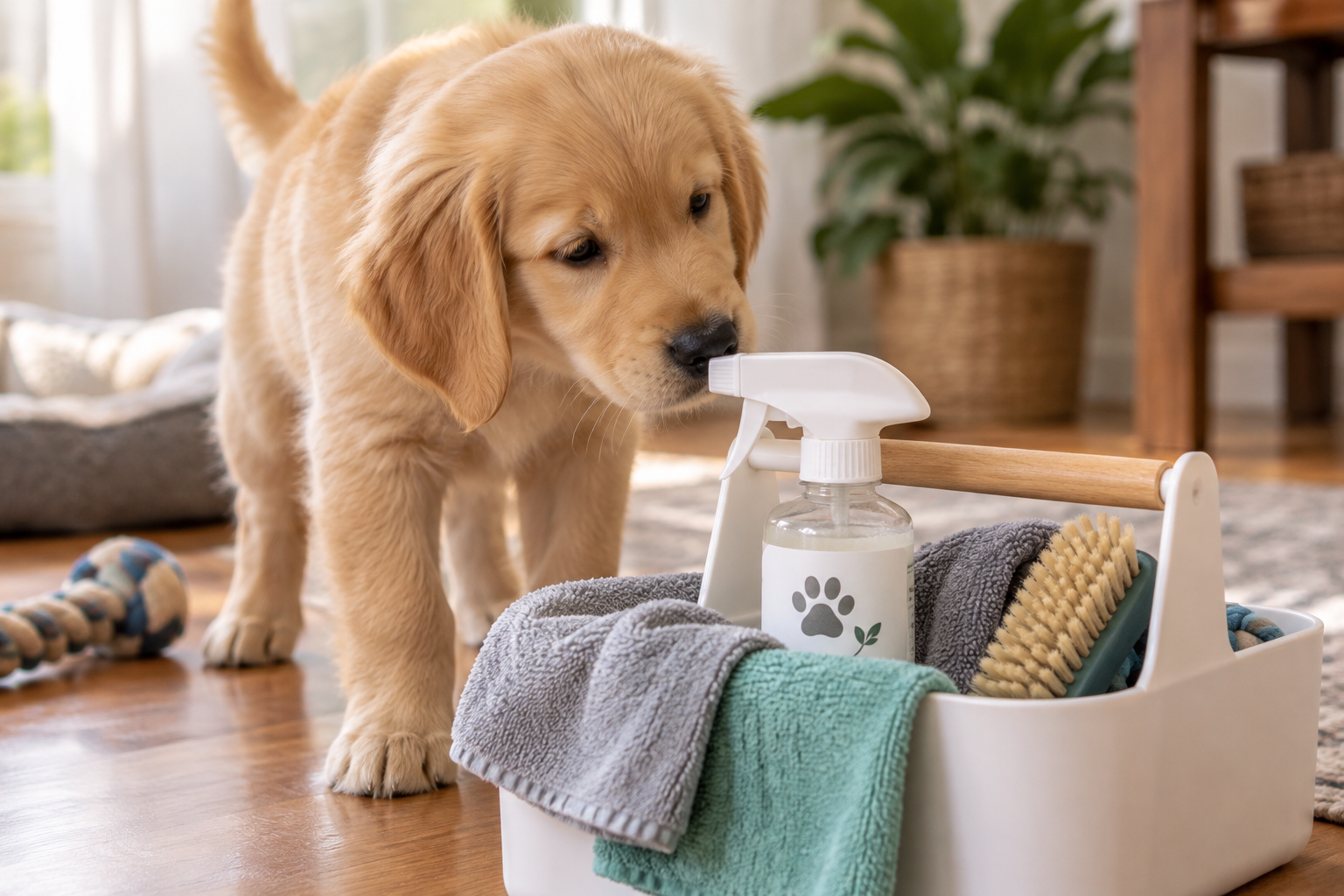 A puppy sniffs a small cleanup caddy with cloths and a spray bottle.