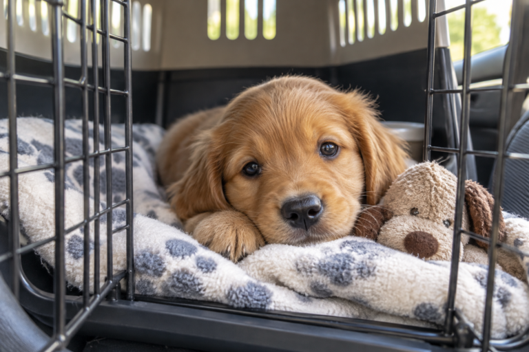 A puppy resting on a blanket inside a travel crate.